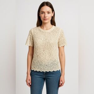 Amanda Ivory Lace Crochet Blouse M Sheer Y2K Retro Cottagecore Coastal vintage